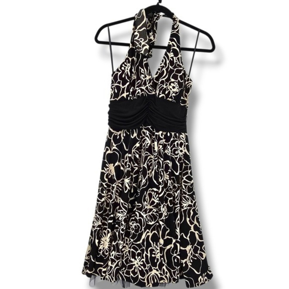 En Focus Petite Vintage Y2k Black Tan Floral Halter Dress Party Cocktail 10P